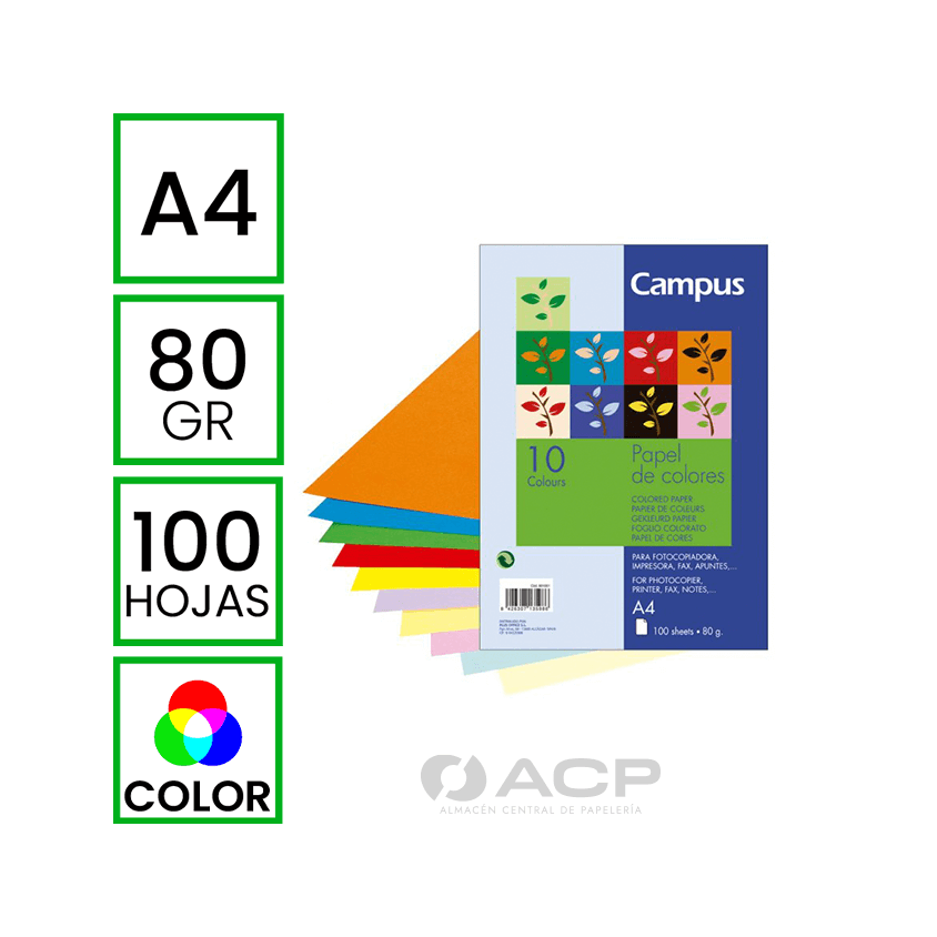 PAPEL A4 80GR CAMPUS 10 COLORES 100H