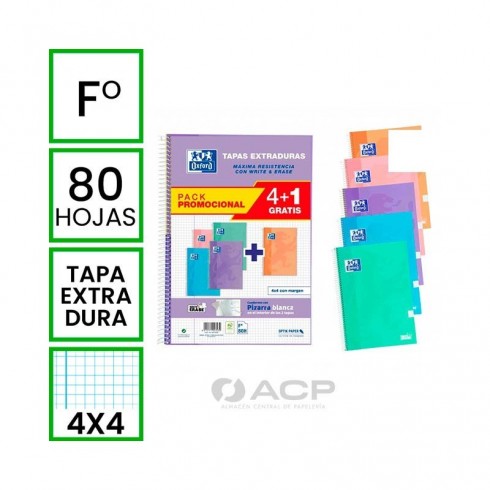 BLOC OXFORD A4 80H T.EXTRA PASTEL 4+1(unid)